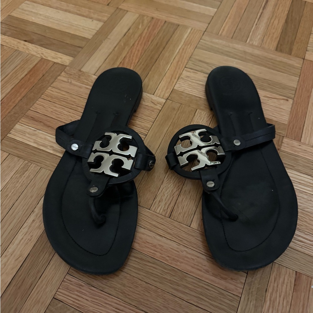 Tory Burch Black Miller Sandals with Silver Logo